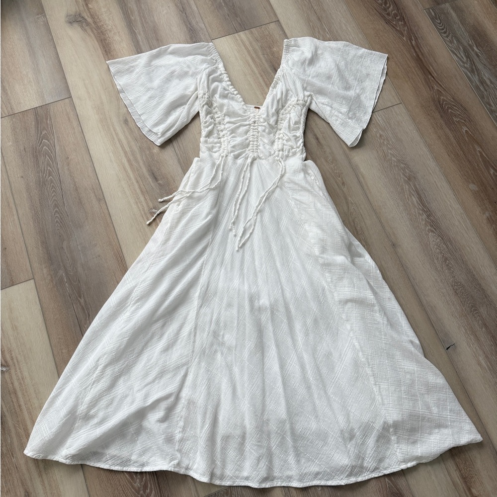 Free People White Lace-Up Smocked Maxi Dress